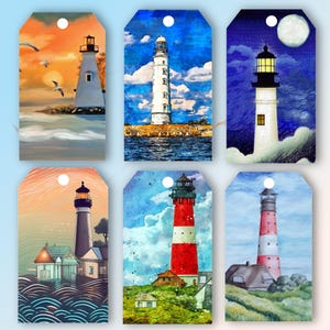 Zes afdrukbare vuurtorentags voor ongewenste tijdschriften, kunstdagboeken, scrapbooking, kaarten, geschenken, jpg en pdf, direct downloaden (T009)