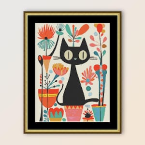 Kitty Cat & Flower Pots #3 Cross Stitch Pattern, Instant Digital Download Folk Art, Printable Primitive Abstract PDF Floral Chart  (355)