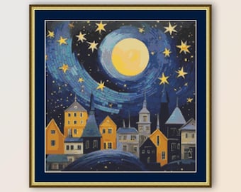 Moonlit Night Kreuzstich Muster, sofortiger Download Stadtansicht, druckbare PDF Querformat Karte (186)