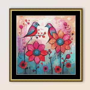 Lovebirds Cross Stitch Pattern, Instant Digital Download Folk Art, Printable PDF Floral Chart  (560)