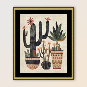 Padrão de ponto cruz de jardim de cactos de arte popular, download digital instantâneo, gráfico botânico PDF abstrato primitivo para impressão (073)