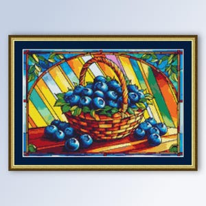 Blueberries Cross Stitch Pattern, Instant Digital Download, Printable PDF Kitchen Decor Stained Glass Chart  (149)