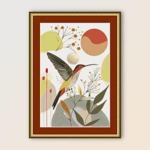 Kolibrie kruissteekpatroon, instant digitale download volkskunst, afdrukbare primitief, abstracte pdf bloemenkaart (021)