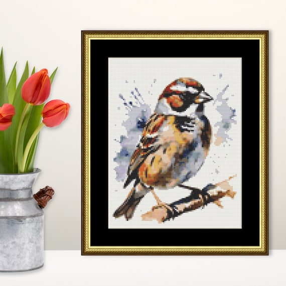 スズメのクロスステッチパターン、即時ダウンロード、印刷可能な