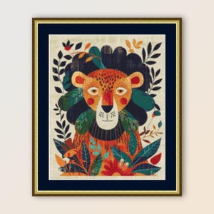 Volkskunst Löwe Kreuzstichmuster, sofortiger digitaler Download, druckbare abstrakte PDF-Blumenkarte (337)