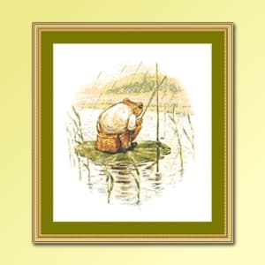 May include: A watercolor illustration of a frog sitting on a lily pad and fishing with a rod. The frog is wearing a white shirt and brown pants. The background is a pond with reeds and a cloudy sky.