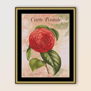 Carte Postale Red Peony Cross Stitch Pattern, Instant Digital Download Folk Art, Printable PDF Abstract Primitive Floral Chart  (383)