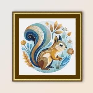 May include: A cross-stitch pattern featuring a stylized squirrel with a blue and gold tail, surrounded by leaves and flowers in a circular design.