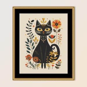 Folk Art Kitty Cat Cross Stitch Pattern, Instant Digital Download, Printable Primitive Abstract PDF Chart (086)