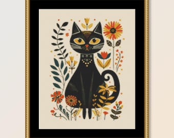 Folk Art Kitty Cat Cross Stitch Pattern: Primitive Abstract xStitchChart (PDF Download)  #086