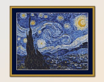 水彩画「星空の夜」森の湖クロスステッチパターン：ゴッホ風風景画 PDF