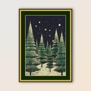 Floresta no inverno #2 Padrão de ponto cruz, download digital instantâneo Arte popular, PDF abstrato primitivo para impressão Gráfico botânico (428)