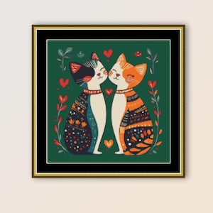 Folk Art Kitty Cats Cross Stitch Pattern, Instant Digital Download, Printable Primitive Abstract PDF Floral Chart  (455)
