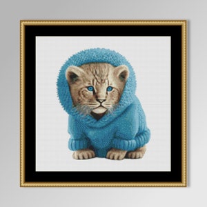 Löwenjunges Kreuzstichmuster, sofortiger digitaler Download, druckbare anthropomorphe Tierkarte (994)