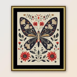 May include: Framed artwork featuring a stylized butterfly with intricate patterns in navy, gold, and cream. Red flowers and foliage surround the butterfly, set against a cream background. The artwork is framed in a gold-colored frame.