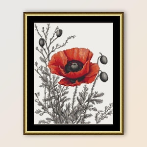 Roter Mohn Kreuzstichmuster, sofortiger digitaler Download, druckbare Blumen PDF-Chart (475)