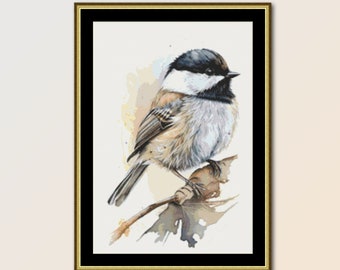 Watercolour Chickadee Cross Stitch Pattern, Instant Download, Printable Bird Chart (1024)