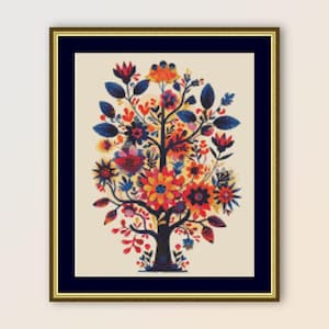 Volkskunst Baum Kreuzstichmuster, sofortiger digitaler Download, druckbare Primitive PDF Botanische Karte (345)