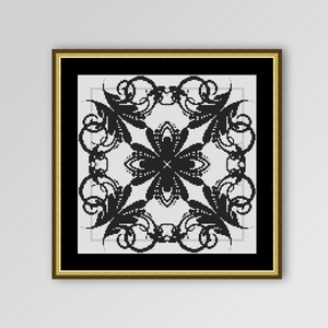 Abstraktes Kreuzstichmuster Blumenmuster, sofortiger digitaler Download, druckbare PDF Monochrom-Karte, "Botanical Black" (002)