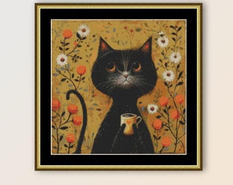 May include: A black cat with a serious expression sits in a field of flowers and holds a small cup of coffee.