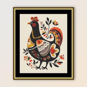 May include: A black rooster with a colorful patterned design, standing on a white background with red, orange, yellow, and green floral accents.