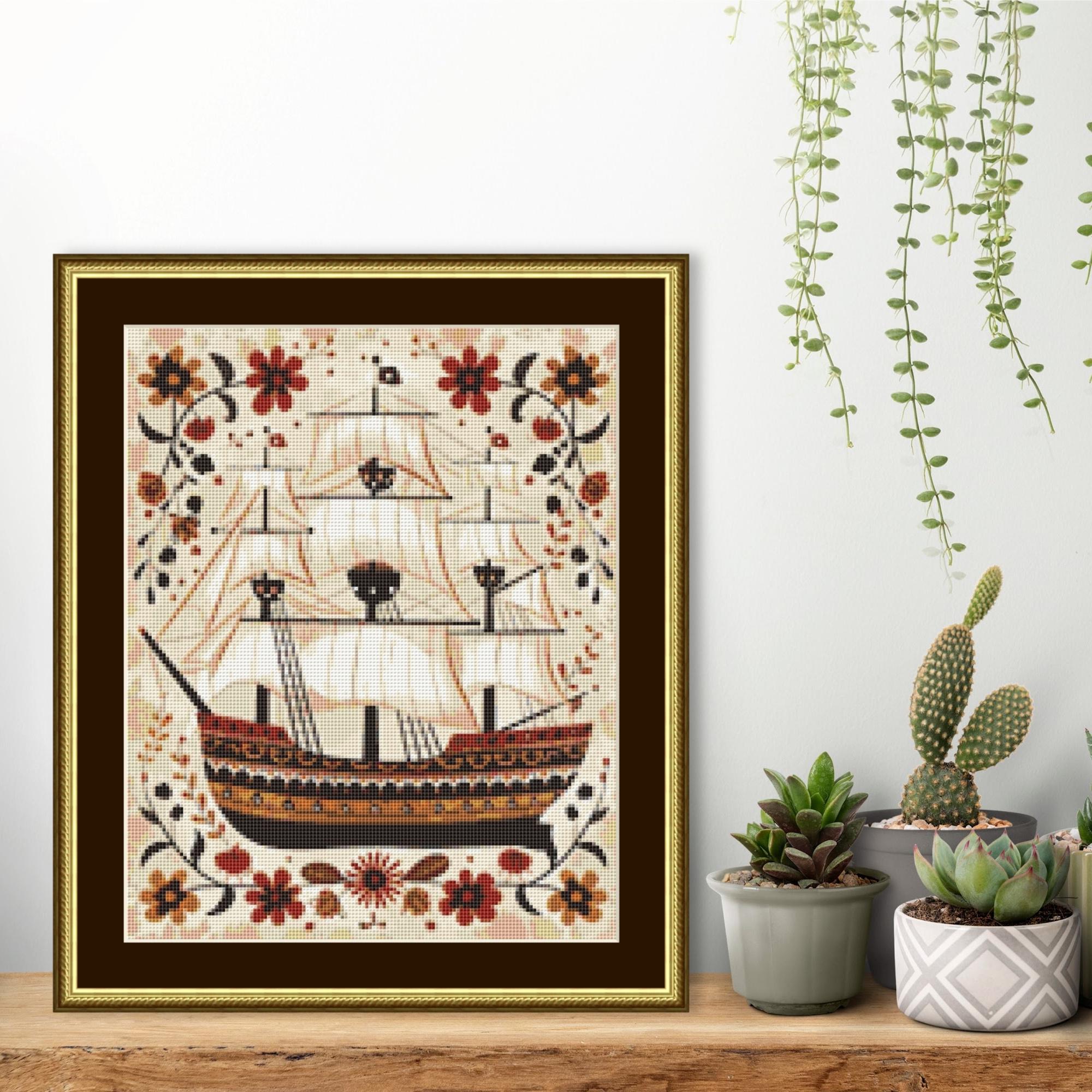 Sailing ship in the fog ビーズ刺繍の絵です Folk Art Sailing Ship Cross Stitch Pattern: Primitive Nautical