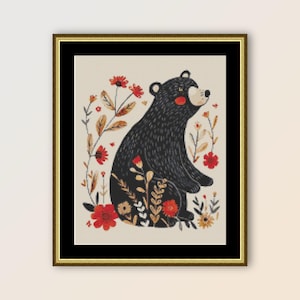 Folk Art Bear Cross Stitch Pattern: Primitive Floral Design (PDF)