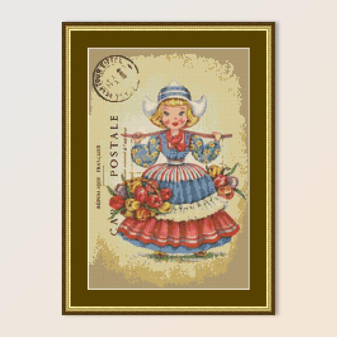 Dutch Girl Folk Art Cross Stitch Pattern: Floral Postcard (digital ...