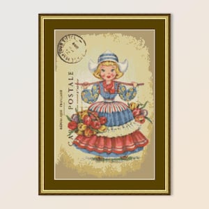 Patrón de punto de cruz de niña holandesa de arte popular, postal de descarga digital instantánea, gráfico floral imprimible en PDF (409)