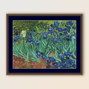 May include: A framed painting of a field of blue irises with green leaves. The painting is in a style reminiscent of Vincent van Gogh.