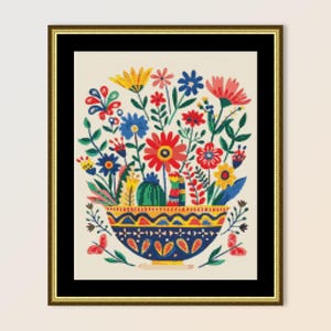 Volkskunst bloemen kruissteekpatroon, instant digitale download, afdrukbare primitieve abstracte pdf bloemenkaart (078)
