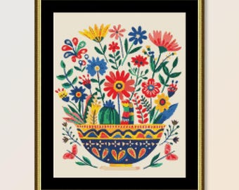 Patrón de punto de cruz de flores de arte popular: Gráfico floral abstracto (Descarga PDF)
