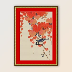 Padrão de ponto cruz de pássaro azul em Paulownia, download digital instantâneo Gráfico botânico para impressão, Ohara Koson (005)