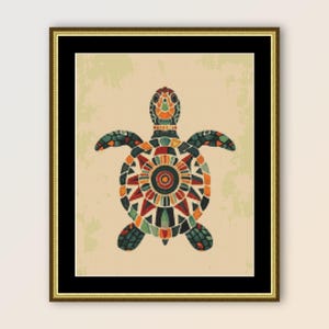 May include: A colorful mosaic-style turtle with a geometric pattern on its shell. The turtle is framed in a gold frame.