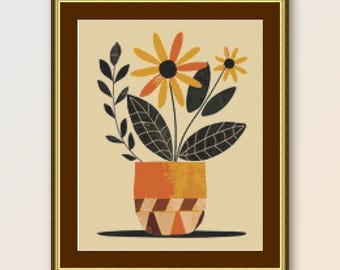 Patrón de punto de cruz de planta en maceta de arte popular: Gráfico de punto de cruz floral abstracto (descarga en PDF) n.º 215