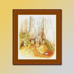 May include: A cross-stitch embroidery of a scene from Beatrix Potter's The Tale of Peter Rabbit. The image shows Peter Rabbit and his siblings hiding under a tree in the forest.