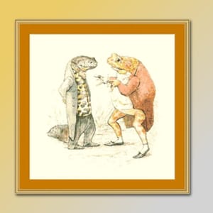May include: Framed illustration featuring anthropomorphic lizard and frog characters in formal attire. The lizard wears a patterned vest and coat, while the frog dons a red coat. The artwork is set against a cream background, framed in a gold-colored border.