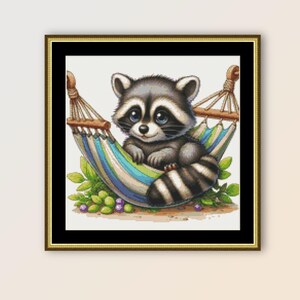 Wasbeer in een hangmat kruissteekpatroon, instant digitale download, afdrukbare pdf-dierenkaart (410)
