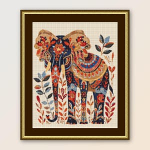 May include: A colourful, patterned elephant with intricate details in shades of red, blue, and gold. The elephant is surrounded by stylised foliage.