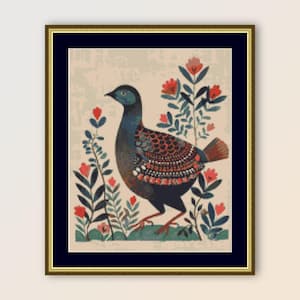 Folk Art Quail Cross Stitch Pattern, Instant Digital Download, Printable Primitive Abstract PDF Floral Chart (246)