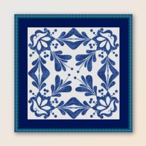 May include: Blue and white tile pattern with a geometric design. The tile is framed in a dark blue frame.