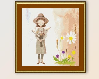 Patrón de punto de cruz de niña de las flores de arte popular: Floral abstracto (patrón PDF)