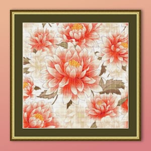 Pink Dahlia Garden Cross Stitch Pattern, Instant Digital Download, Printable Floral PDF Chart (125)