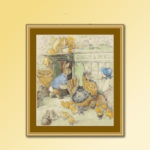 May include: A cross-stitch pattern featuring a rabbit and chickens in front of a shop called "Ginger & Pickles". The rabbit is wearing a blue jacket and holding a bag of nuts. The chickens are brown and white with yellow chicks.