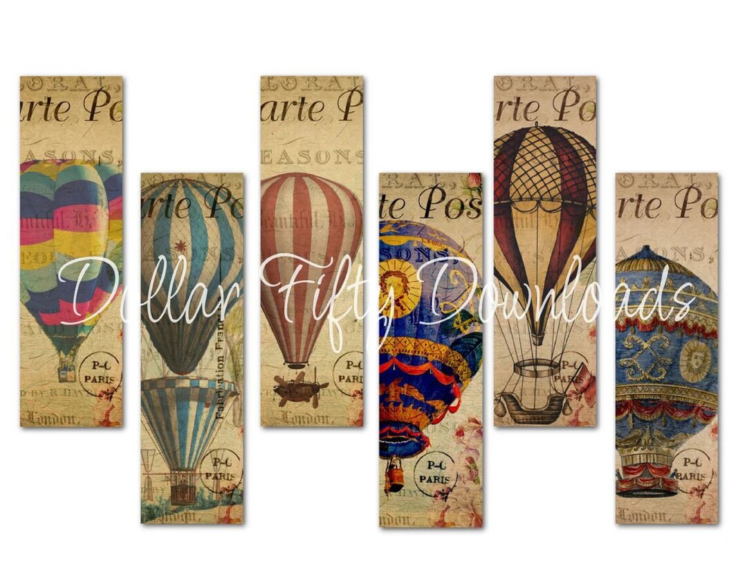 Six Printable Hot Air Balloon Bookmarks for Junk Journals, Art Journals ...