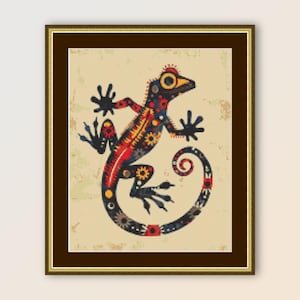 May include: A colorful, stylized illustration of a lizard with a curled tail. The lizard is outlined in black and filled with bright colors, including red, yellow, blue, and green.