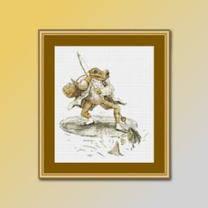 May include: A cross-stitch pattern featuring a frog wearing a suit and holding a fishing rod, standing on a lily pad in a pond.