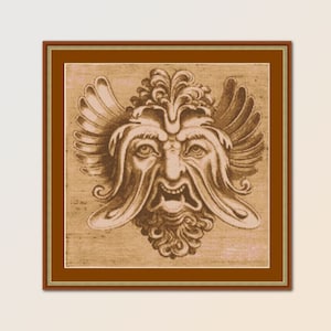 May include: A vintage-style cross-stitch pattern featuring a detailed illustration of a grotesque face with wings. The face is depicted in shades of brown and beige against a textured background.