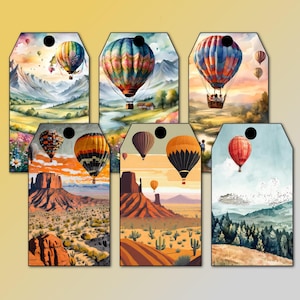 Zes luchtballontags voor ongewenste tijdschriften, kunsttijdschriften, scrapbooking, kaarten, geschenken, jpg/pdf, liggende ephemera directe download (T018)