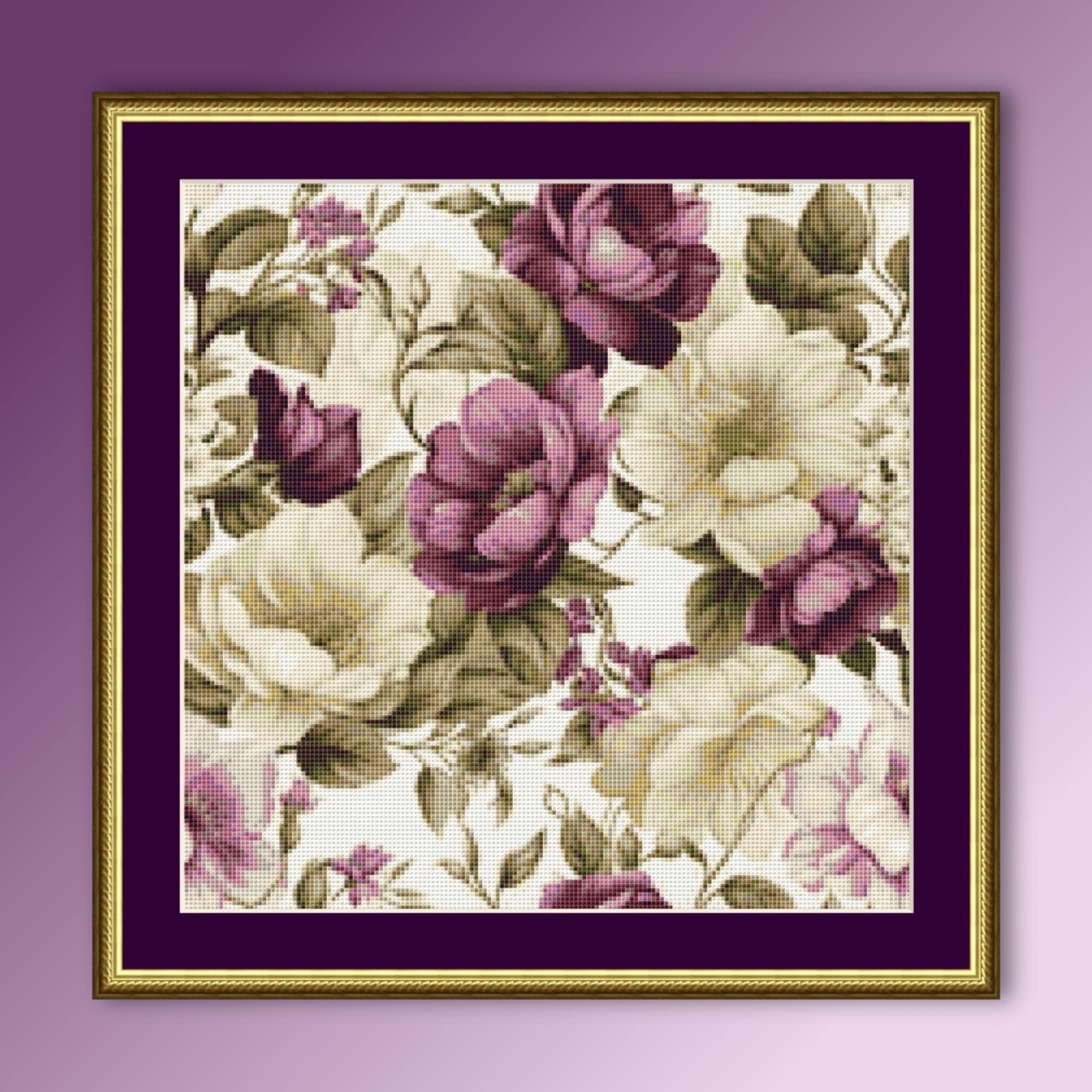 Motif de point de croix fleurs violettes, téléchargement immédiat